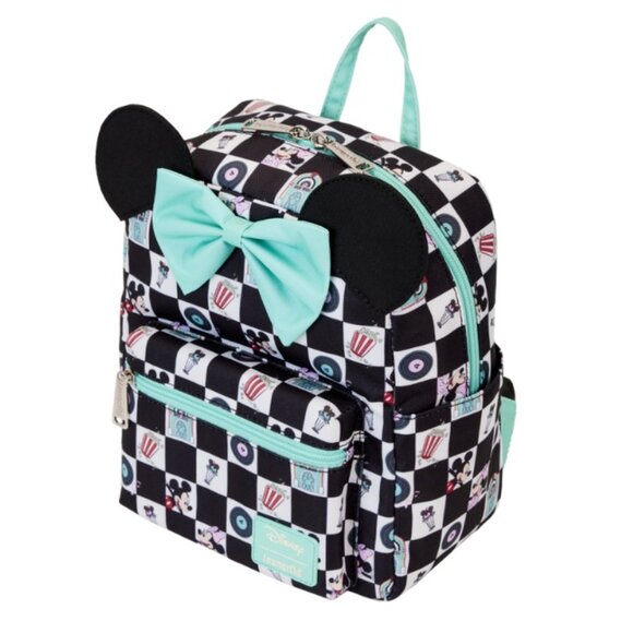 Loungefly Mickey & Minnie Date Night Diner Checkered Nylon Square Mini Backpack - Picture 1 of 7